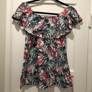 Tropical ruffled off shoulder cotton maternity top